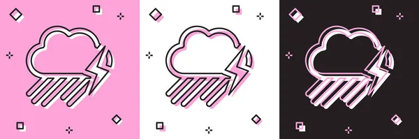 Definir nuvem com chuva e ícone de relâmpago isolado em rosa e branco, fundo preto. Chuva precipitação nuvem com gotas de chuva.Ícone do tempo de tempestade. Ilustração vetorial — Vetor de Stock