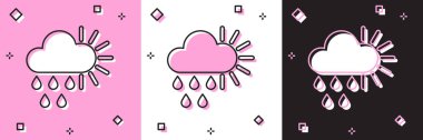 Bulutlu 'yu yağmur ve güneş ikonu ile pembe beyaz ve siyah arkaplanda izole et. Yağmur damlaları ile yağmur bulutu yağışı. Vektör İllüstrasyonu