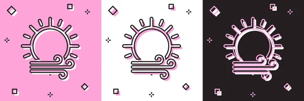 Definir Vento e sol ícone isolado em rosa e branco, fundo preto. Tempo ventoso. Ilustração vetorial — Vetor de Stock