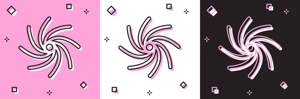 Conjunto Tornado icono aislado en rosa y blanco, fondo negro. Ciclón, torbellino, embudo de tormenta, viento huracán o tornado icono del tiempo. Ilustración vectorial — Vector de stock