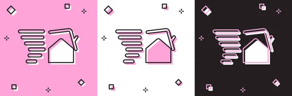 Set Tornado redemoinho danifica ícone telhado casa isolada em rosa e branco, fundo preto. Ciclone, turbilhão, funil de tempestade, ícone de vento de furacão. Ilustração vetorial — Vetor de Stock