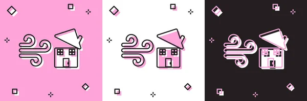 Set Tornado werveling schade huis dak pictogram geïsoleerd op roze en wit, zwarte achtergrond. Cyclon, wervelwind, storm trechter, orkaan wind icoon. Vector Illustratie — Stockvector