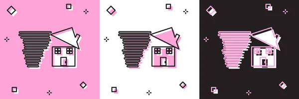 Set Tornado redemoinho danifica ícone telhado casa isolada em rosa e branco, fundo preto. Ciclone, turbilhão, funil de tempestade, ícone de vento de furacão. Ilustração vetorial —  Vetores de Stock