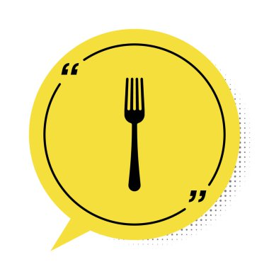 Siyah Çatal simgesi beyaz arkaplanda izole edildi. Çatal bıçak sembolü. Sarı konuşma balonu sembolü. Vektör İllüstrasyonu
