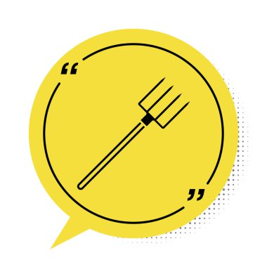 Siyah Bahçe yabası simgesi beyaz arkaplanda izole edilmiş. Bahçe çatalı işareti. Bahçecilik, tarım, çiftçilik aleti. Sarı konuşma balonu sembolü. Vektör İllüstrasyonu