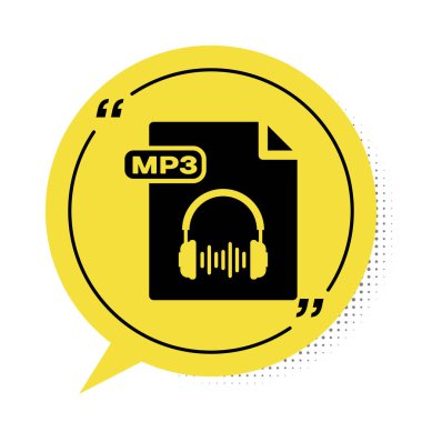 Siyah Mp3 dosya dökümanı. Beyaz arkaplanda izole edilmiş mp3 düğmesi simgesi indir. Mp3 müzik format işareti. Mp3 dosya sembolü. Sarı konuşma balonu sembolü. Vektör İllüstrasyonu
