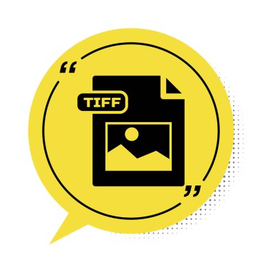 Black Tiff dosya dökümanı. Beyaz arkaplanda tiff düğmesi simgesi indir. Tiff dosya sembolü. Sarı konuşma balonu sembolü. Vektör İllüstrasyonu