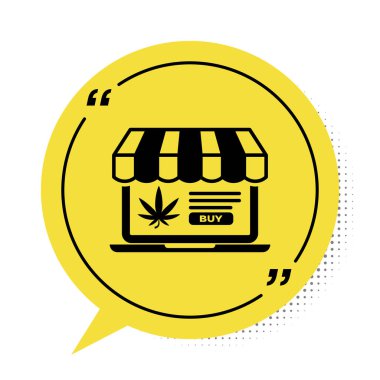 Siyah dizüstü bilgisayar ve tıbbi marihuana ya da kenevir yaprağı ikonu beyaz arka planda izole edilmiş. İnternetten satın alma sembolü. Süpermarket sepeti. Sarı konuşma balonu sembolü. Vektör İllüstrasyonu