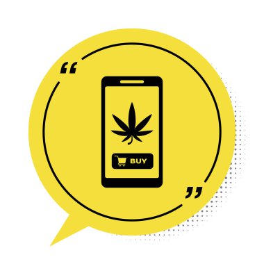 Siyah cep telefonu ve tıbbi marihuana veya beyaz arka planda izole edilmiş kenevir yaprağı ikonu. İnternetten satın alma sembolü. Süpermarket sepeti. Sarı konuşma balonu sembolü. Vektör İllüstrasyonu