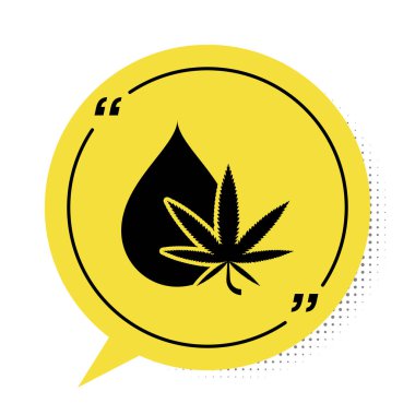 Siyah tıbbi marihuana ya da kenevir yaprağı zeytinyağı damlası ikonu beyaz arka planda izole edilmiş. Esrar özütü. Kenevir sembolü. Sarı konuşma balonu sembolü. Vektör İllüstrasyonu