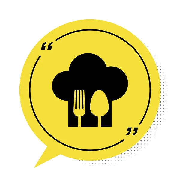 Schwarzer Kochmütze mit Gabel und Löffel Symbol isoliert auf weißem Hintergrund. Kochsymbol. Restaurantkarte. Kochmütze. gelbes Sprechblasensymbol. Vektorillustration — Stockvektor
