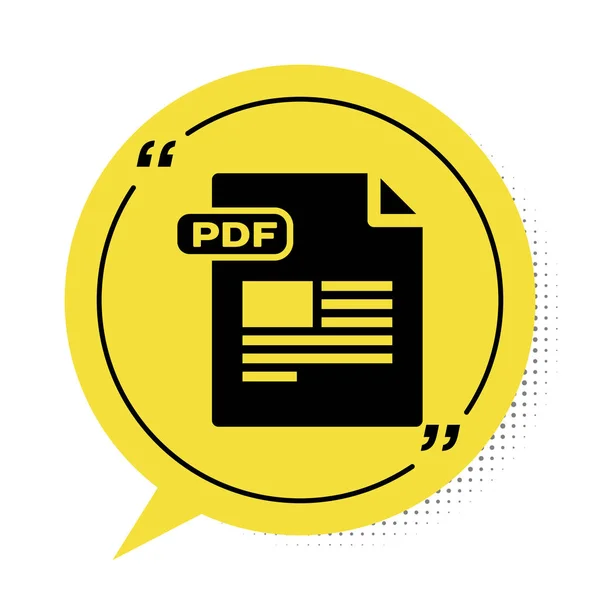 Zwart Pdf bestand document. Download pdf knop pictogram geïsoleerd op witte achtergrond. Pdf bestand symbool. Gele spraakbel symbool. Vector Illustratie — Stockvector