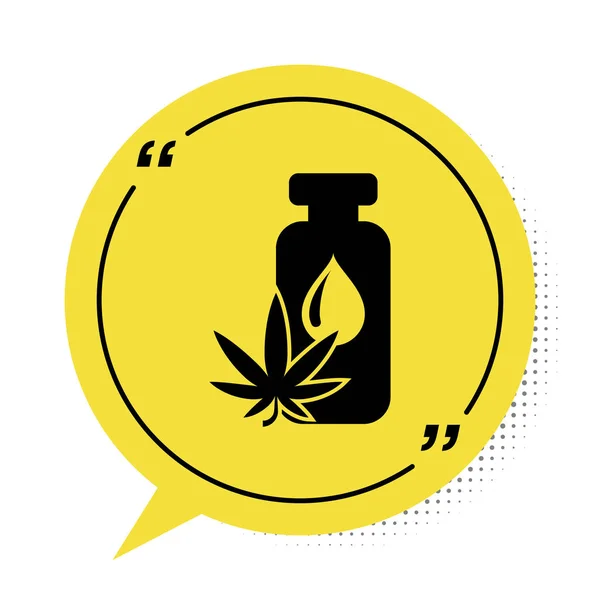 黒医療用マリファナまたは大麻の葉オリーブオイルドロップアイコンは、白い背景に隔離されています。大麻抽出物。ヘンプ記号。黄色のスピーチバブルシンボル。ベクターイラスト — ストックベクタ