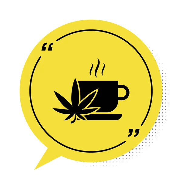 Schwarzer Tassen-Tee mit Marihuana oder Cannabisblatt-Symbol auf weißem Hintergrund. Marihuana-Legalisierung. Hanf-Symbol. gelbes Sprechblasensymbol. Vektorillustration — Stockvektor