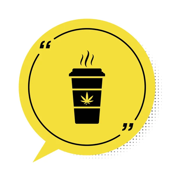 Esrarlı siyah kupa kahve ya da beyaz arka planda izole edilmiş kenevir yaprağı ikonu. Marihuanayı yasallaştırma. Kenevir sembolü. Sarı konuşma balonu sembolü. Vektör İllüstrasyonu — Stok Vektör