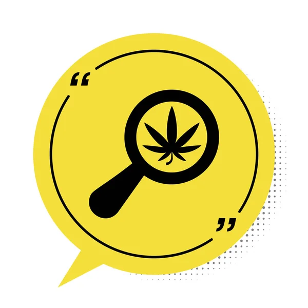 Czarne szkło powiększające i lecznicza marihuana lub ikona liści marihuany odizolowana na białym tle. Symbol konopi. Żółty symbol bańki mowy. Ilustracja wektora — Wektor stockowy