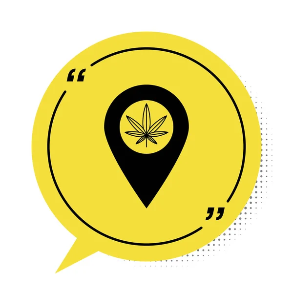 黒い地図ポインタとマリファナまたは大麻の葉のアイコンは白い背景に隔離されています。ヘンプ記号。黄色のスピーチバブルシンボル。ベクターイラスト — ストックベクタ