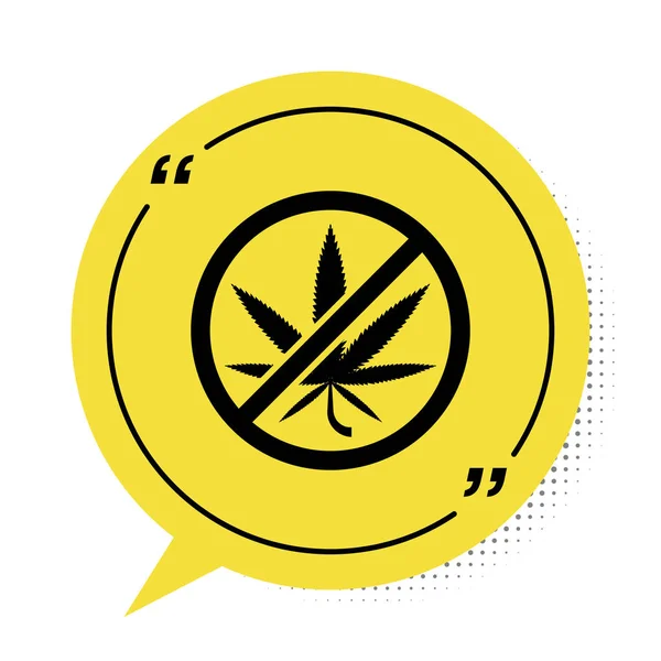 Czarny Stop marihuana lub ikona liści marihuany izolowane na białym tle. Żadnego palenia marihuany. Symbol konopi. Żółty symbol bańki mowy. Ilustracja wektora — Wektor stockowy