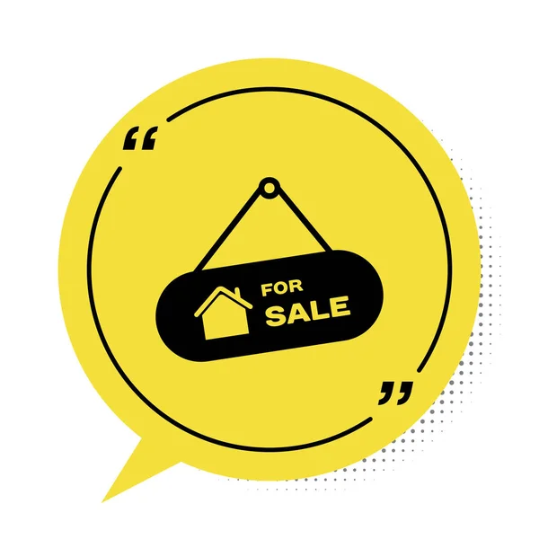 Schwarzes Hängeschild mit Text zum Verkauf, isoliert auf weißem Hintergrund. Schild mit Text zum Verkauf. gelbes Sprechblasensymbol. Vektorillustration — Stockvektor
