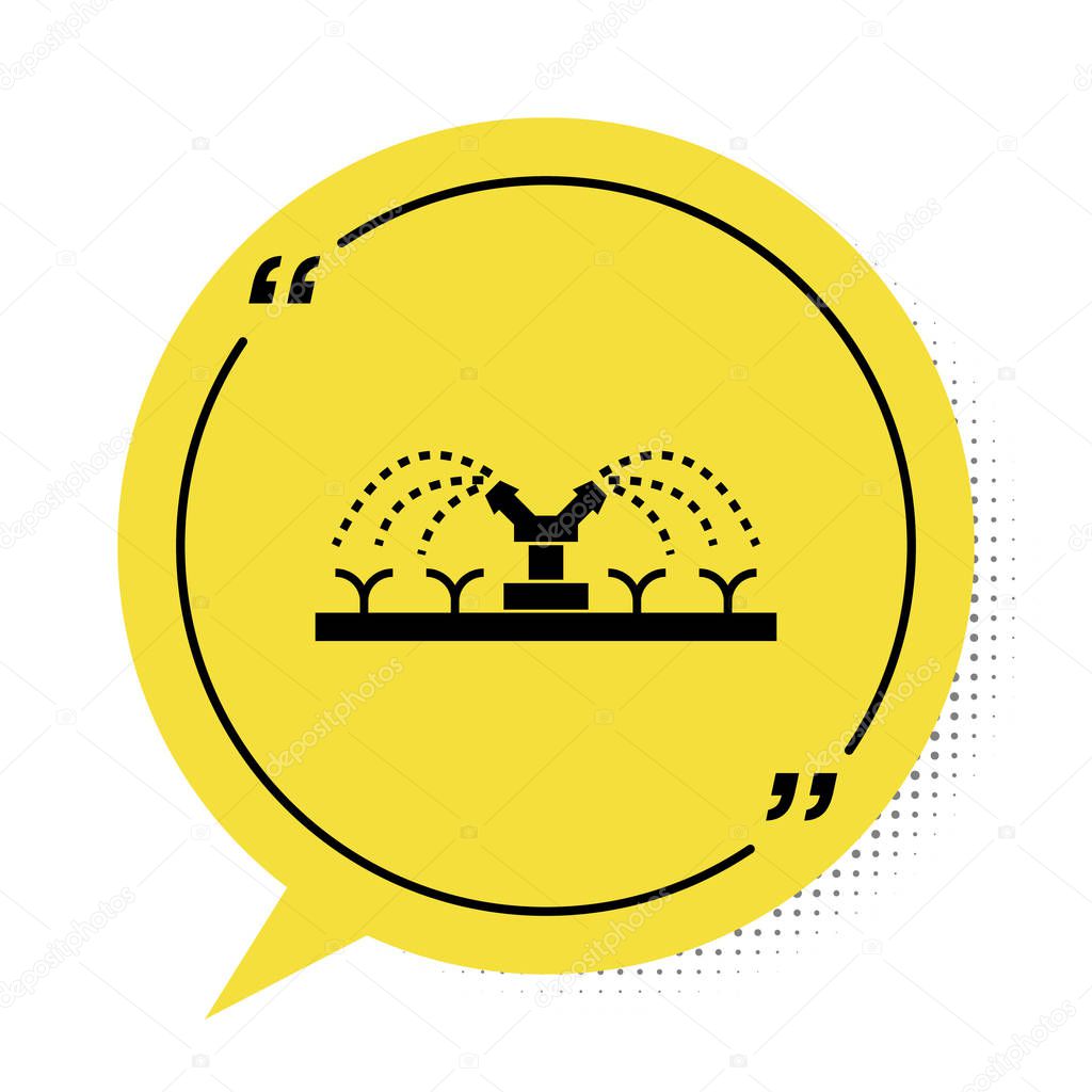 Black Automatic irrigation sprinklers icon isolated on white background. Watering equipment. Garden element. Spray gun icon. Yellow speech bubble symbol. Vector Illustration