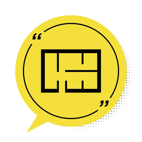 Fekete Ház terv ikon elszigetelt fehér háttérrel. Sárga beszéd buborék szimbólum. Vektorillusztráció — Stock Vector
