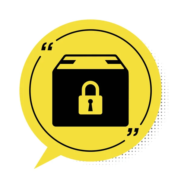 Černá uzamčená ikona balíčku izolovaná na bílém pozadí. Zámek a lepenková krabice. Žlutý symbol bubliny řeči. Vektorová ilustrace — Stockový vektor