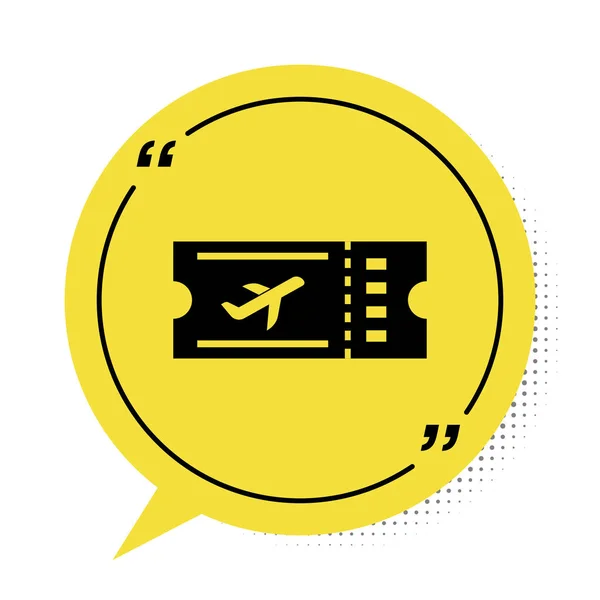 Schwarzes Symbol für Flugtickets isoliert auf weißem Hintergrund. Flugticket. gelbes Sprechblasensymbol. Vektorillustration — Stockvektor