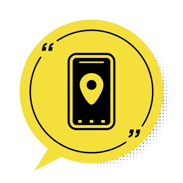 Infographie en noir de l'icône de navigation de la carte de la ville isolée sur fond blanc. Conception de concept d'interface d'application mobile. Concept de géolacation. Symbole de bulle de parole jaune. Illustration vectorielle — Image vectorielle