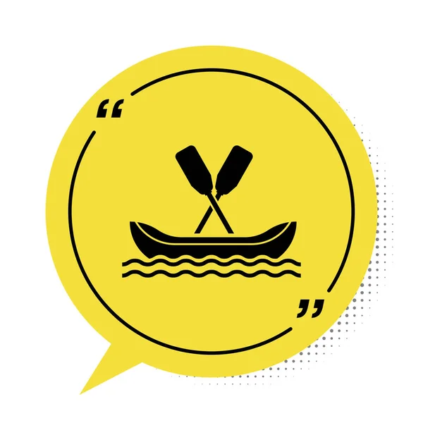 Black Rafting boat icon isolated on white background. Kayak with paddles. Water sports, extreme sports, holiday, vacation, team building. Yellow speech bubble symbol. Vector Illustration