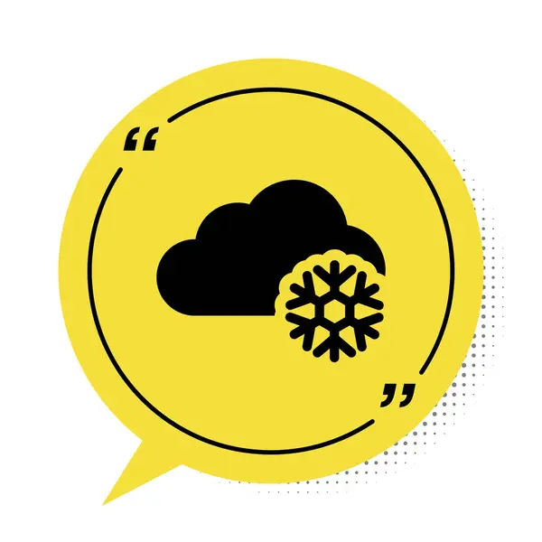 Black Cloud with snow icon isolated on white background. Cloud with snowflakes. Single weather icon. Snowing sign. Yellow speech bubble symbol. Vector Illustration — Stock Vector