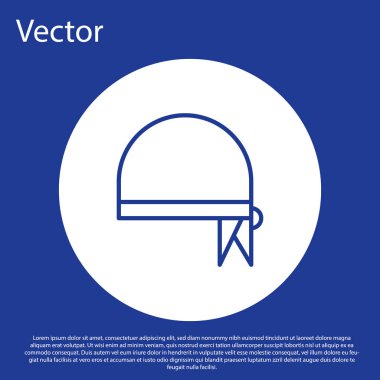 Mavi çizgi korsan bandanası mavi arka planda izole edilmiş kafa simgesi için. Beyaz daire düğmesi. Vektör İllüstrasyonu