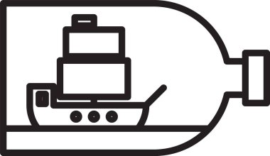 Beyaz arka planda izole edilmiş siyah çizgili cam şişe. Deniz gemisinin minyatür modeli. Hobi ve deniz teması. Vektör İllüstrasyonu