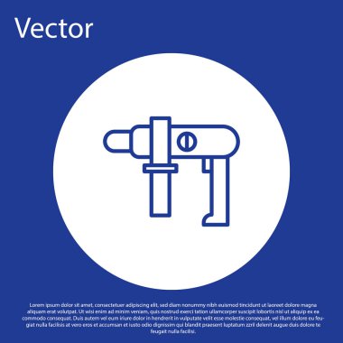 Mavi çizgi elektrikli matkap ikonu mavi arka planda izole edildi. Tamir aleti. Beyaz daire düğmesi. Vektör İllüstrasyonu