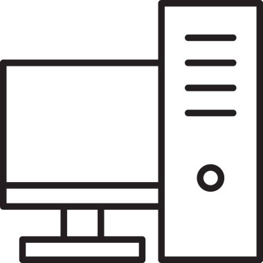 Siyah çizgi bilgisayar monitörü simgesi beyaz arkaplanda izole edildi. Bilgisayar bileşeni işareti. Vektör İllüstrasyonu