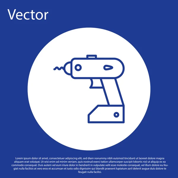 Blaue Linie Akkuschrauber-Symbol isoliert auf blauem Hintergrund. Elektrobohrmaschine. Reparaturwerkzeug. weißer Kreis-Knopf. Vektorillustration — Stockvektor