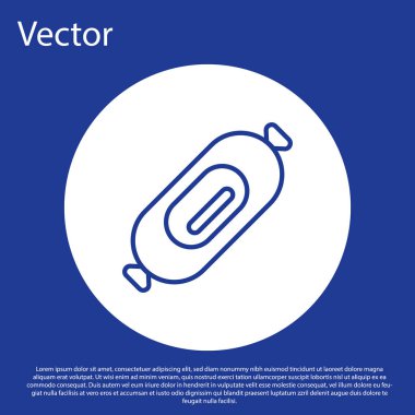 Mavi çizgi salam sosis ikonu mavi arkaplanda izole edildi. Et şarküteri ürünü. Beyaz daire düğmesi. Vektör İllüstrasyonu