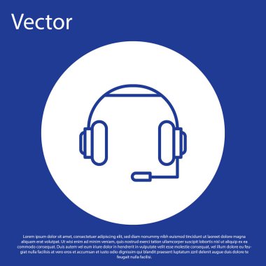 Mavi çizgi kulaklık simgesi mavi arkaplanda izole edildi. Kulaklıklar. Müzik, hizmet, iletişim ve operatör konsepti. Beyaz daire düğmesi. Vektör İllüstrasyonu