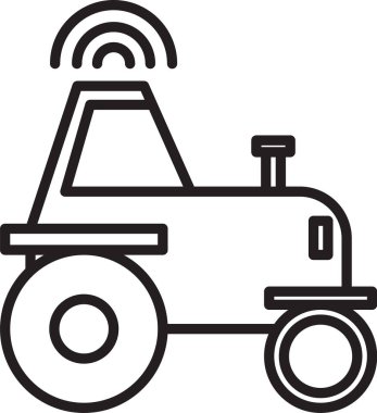 Beyaz arka planda izole edilmiş akıllı bir çiftlik ikonu üzerinde kablosuz traktör kullanan siyah çizgi. Akıllı tarım elementi uygular. Vektör İllüstrasyonu