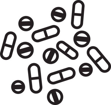 Siyah çizgi ilaç hapı ya da beyaz arkaplanda izole edilmiş tablet ikonu. Kapsül hapı ve uyuşturucu işareti. Eczane tasarımı. Vektör İllüstrasyonu