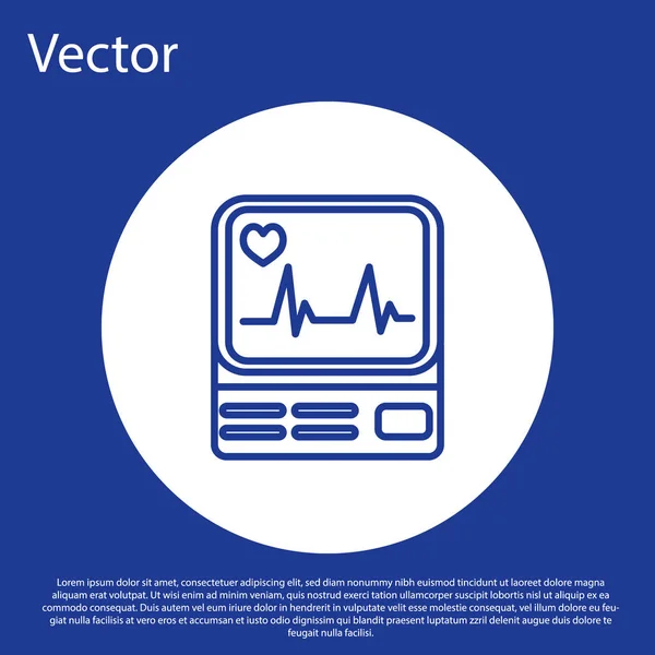 Blaue Linie Computermonitor mit Kardiogramm-Symbol isoliert auf blauem Hintergrund. Überwachungssymbol. EKG-Monitor mit von Hand gezogenem Herzschlag. Weißer Kreis-Knopf. Vektorillustration — Stockvektor