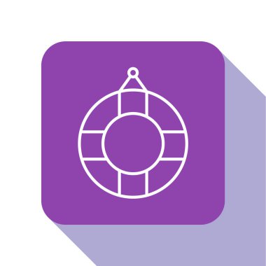 Beyaz çizgi Lifebuoy simgesi beyaz arkaplanda izole edildi. Can simidi sembolü. Mor kare düğme. Vektör İllüstrasyonu