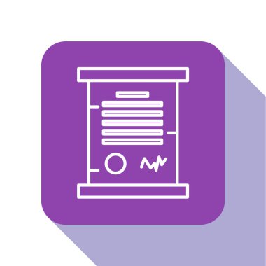 Beyaz çizgi KHK, kağıt, parşömen, parşömen simgesi beyaz arkaplanda izole edilmiş. Mor kare düğme. Vektör İllüstrasyonu