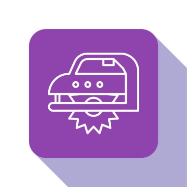 Beyaz çizgi elektrikli testere, beyaz zemin üzerinde çelik dişli disk simgesi var. Tahta ya da metal kesmek için elektrikli el aleti. Mor kare düğme. Vektör İllüstrasyonu