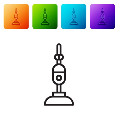 Siyah çizgi elektrikli süpürge ikonu beyaz arkaplanda izole edildi. Renkli kare düğmelerle simgeleri ayarla. Vektör İllüstrasyonu