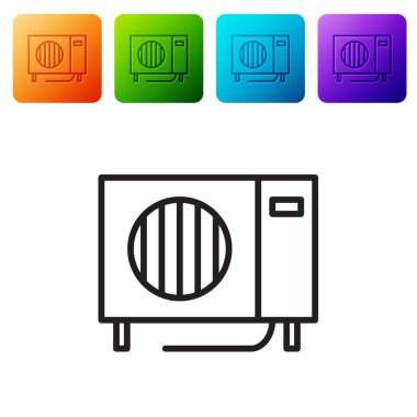 Siyah çizgi klima simgesi beyaz arka planda izole edildi. Sistemin havalandırmasını böl. Soğuk ve soğuk iklim kontrol sistemi. Renkli kare düğmelerle simgeleri ayarla. Vektör İllüstrasyonu