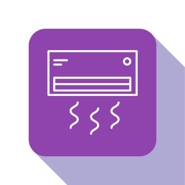 Beyaz çizgi klima simgesi beyaz arkaplanda izole edildi. Sistemin havalandırmasını böl. Soğuk ve soğuk iklim kontrol sistemi. Mor kare düğme. Vektör İllüstrasyonu