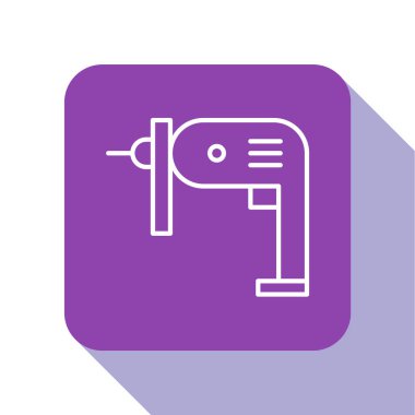 Beyaz çizgi elektrikli matkap simgesi beyaz arkaplanda izole edildi. Tamir aleti. Mor kare düğme. Vektör İllüstrasyonu