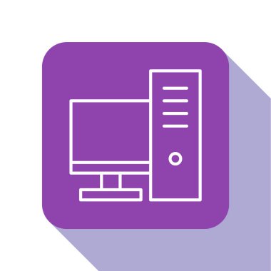 Beyaz çizgi bilgisayar monitörü simgesi beyaz arkaplanda izole edildi. Bilgisayar bileşeni işareti. Mor kare düğme. Vektör İllüstrasyonu