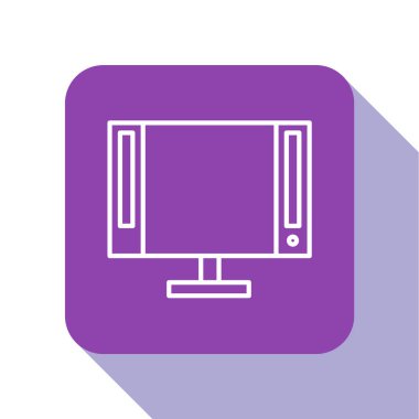 Beyaz çizgi Akıllı TV simgesi beyaz arkaplanda izole edildi. Televizyon tabelası. Mor kare düğme. Vektör İllüstrasyonu