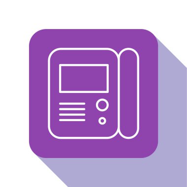 Beyaz çizgi House dahili iletişim sistemi simgesi beyaz arkaplanda izole edildi. Mor kare düğme. Vektör İllüstrasyonu